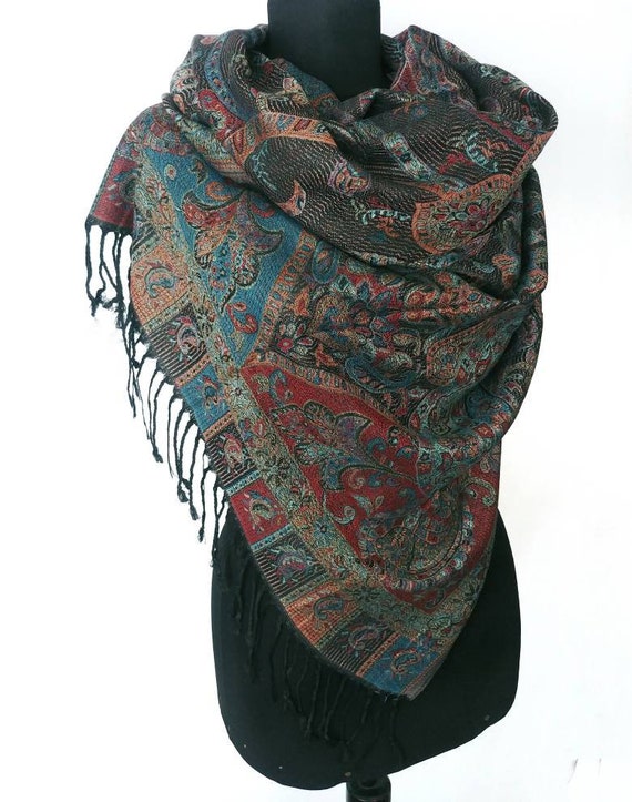 Paisley Dark Pashmina Scarf Dark Scarf Wrap Shawl Wedding Pashmina  Bridesmaids Shawl Boho Dark