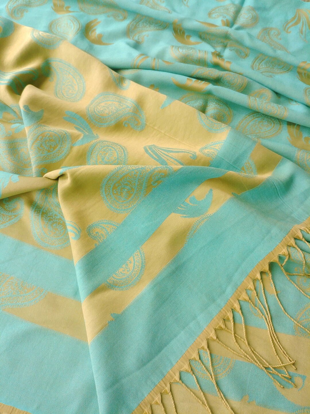 Boiled Wool Shawl, Embroidery, Turquoise Paisley