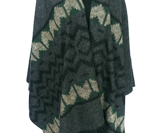 Dark Gray Poncho Reversible Black Blanket Shawl Wrap Black Cape Tribal Outerwear Black Women Coat Aztec Poncho Black Plaid Plus Size Wrap