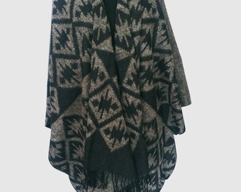 Aztec Poncho Shawl, Latte Brown Open Front Wrap, Boho Tribal Cape, Cozy Blanket Style