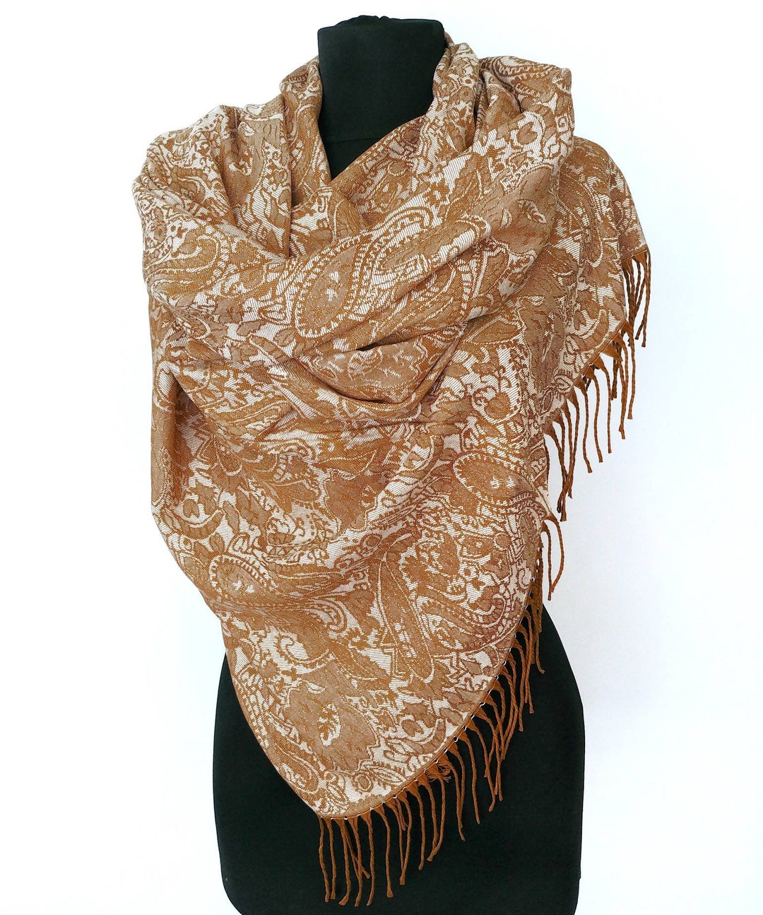 Turkish Paisley Pashmina Scarf Bronze Brown Shawl Wrap Wedding