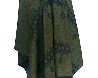 Khaki Green Poncho Reversible Khaki Plus Size Wrap Khaki Blanket Shawl Khaki Cape Tribal Outerwear Khaki Women Coat Aztec Poncho Khaki Plaid
