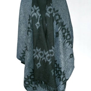 Gray Aztec Poncho Revirsible Plus Size Blanket Shawl Wrap Cape Gray Tribal Outerwear Gray Women Coat Gray Plaid Shawl