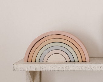 Wooden rainbow toy arch stacker from wood gift for child nursery decor light colours