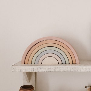 Wooden rainbow toy arch stacker from wood gift for child nursery decor light colours