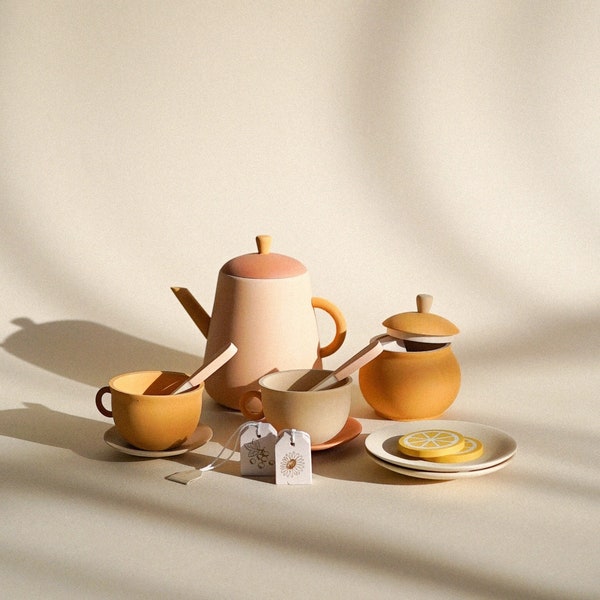 Wooden Tea Set | Toys for kitchen | Wooden dishes for play | Flower