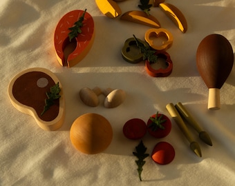 Wooden Play Food Set, Montessori Toys, Miniature Food, 3+ Years Old