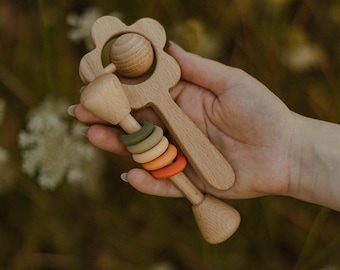 Wooden Baby Rattle: Baby First Christmas Gift, Montessori and Sensory Toys