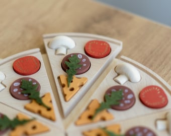 Wooden Pizza Puzzle, Pretend Play Food Set, Montessori Kitchen Game, Toddler Learning Toy