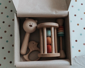 Wooden Baby Rattle: Baby First Christmas Gift, Montessori and Sensory Toys