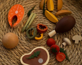 Wooden Play Food Dinner Set, Montessori Toddler Learning Game, Pretend Cooking Meal