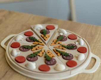 Wooden Pizza Toy, Montessori Pretend Play Food, Toddler Fine Motor Skills Learning Game