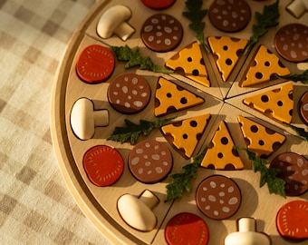 Wooden Pizza Toy, Montessori Pretend Play Food, Toddler Fine Motor Skills Learning Game