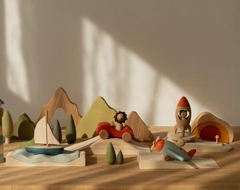 Wooden Transportation Toys, Adventure Play Set, Storytelling Toys, Open Ended Play, Gift for Kids 3+