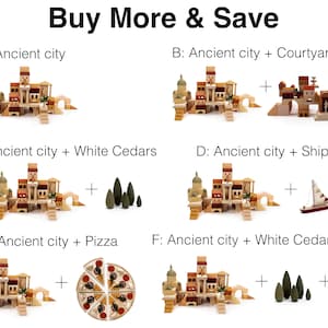 May include: A set of wooden toy building blocks with different themes, including an ancient city, courtyard, white cedars, ship, and pizza. The image shows different combinations of these blocks, with the text "Buy More & Save" at the top.