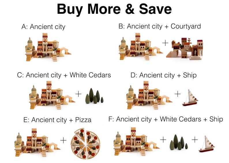 May include: A set of wooden toy building blocks with different themes, including an ancient city, courtyard, white cedars, ship, and pizza. The image shows different combinations of these blocks, with the text "Buy More & Save" at the top.
