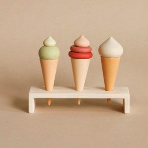 Minimalist wooden ice cream toy set — educational toddler gift for role play and screen-free fun.