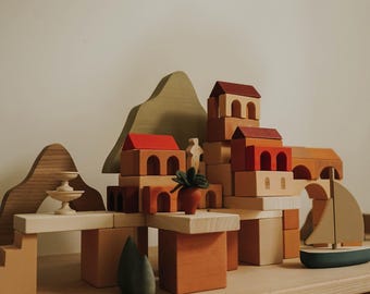 Open Ended Wooden Italian Coast Play Set, Montessori Building Blocks (3+ Years)