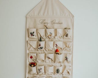 Cotton Fabric Advent Calendar for Kids, Embroidered Christmas Countdown, Wall Decor