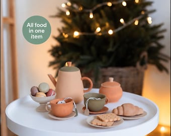Wooden Tea Set Toy, Dessert Pretend Play Food Set, Open Ended Game, Toys for Ages 3+