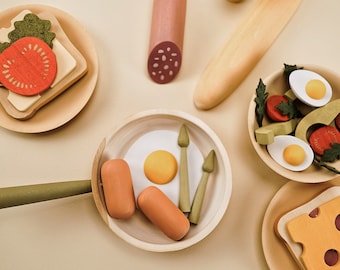 Wooden Breakfast Play Food Set, Montessori  Toys, Waldorf Kitchen Gifts, 3+ Years Old