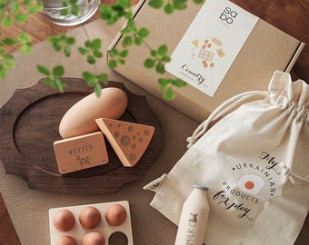 Set di cibo finto in legno, giocattoli da cucina Montessori per bambini dai 3 anni in su, set da spesa in stile country con piatti in legno, regalo per piccoli chef.