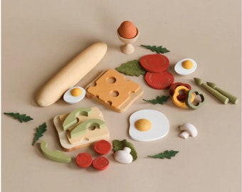 Wooden Play Food Set: Montessori Pretend Breakfast Toy