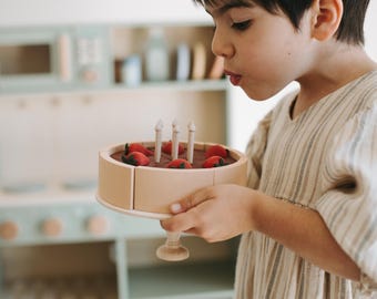 Wooden Play Food Cake, Montessori Baby Toy with Stand, 3+ Years Old