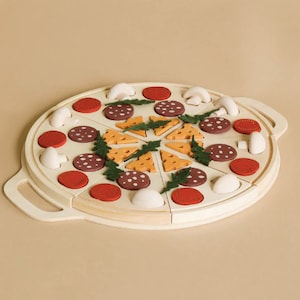 May include: A wooden pizza toy with various toppings, including red and brown pepperoni, cheese, and mushrooms. The pizza is divided into slices and is ready for play.