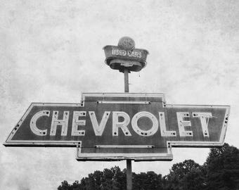 Vintage Retro Chevrolet Car Sign Photography Print - Old Chevy Wall Art - Black and White Fine Art Americana Print