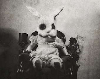 Creepy White Rabbit Wall Art - Dark Horror Wall Art - Gothic Photography Print - Gothic Decor - Horror Decor - Creepy Doll Art