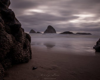 May include: A dramatic seascape with a rocky shoreline and a series of rock formations in the distance. The sky is overcast with a soft, gray light. The water is calm and still, with a slight mist hanging in the air.