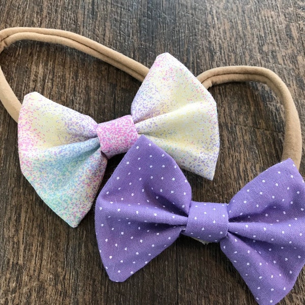 Purple, pastel, tie dye, hair bow, headband, fabric bows, nylon headband. Polka dots
