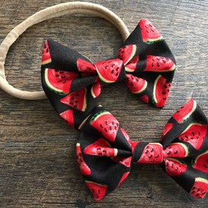 Watermelon, hair bow, headband, black, fabric bows, summertime, fruit, tutti-frutti