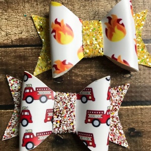 Firefighter hair bow, firefighter headband, fire truck hair bow, faux leather hair bow