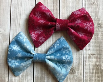 snowflake, blue, red, Christmas, winter, hair bow, nylon headband, fabric bows