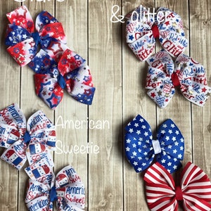 4th of July hair bows, red white and blue hair bows, 4th of July piggy tail hair bow set, star hair bow,