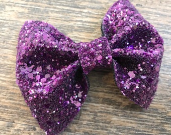 Purple glitter hair bow, glitter hair bow, faux leather hair bow,