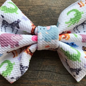Zoo, animals, bullet fabric, hair bow, nylon headband, zebra, giraffe, hippo, lion