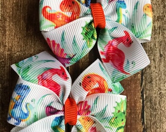 Dinosaur hair bows, dinosaur piggy tail hair bow set, toddler and baby hair bows, watercolor dinosaur hair bow