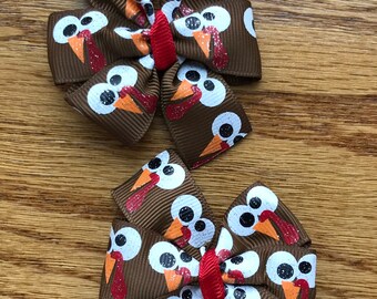 Turkey hair bows, Thanksgiving hair bows, Thanksgiving piggy tail hair bows, Brown Turkey hair bows.