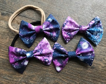 Galaxy, hair bow, nylon headband, fabric bows, purple, blue, glitter