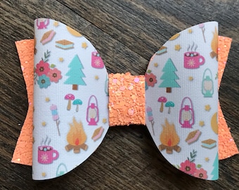 Camping hair bow, orange glitter hair bow, camping headband, camp theme hair bow, camp theme headband