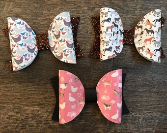 Farm animal hair bow, horse hair bow, chicken hair bow, farm animal headband, horse headband, chicken headband, glitter hair bow