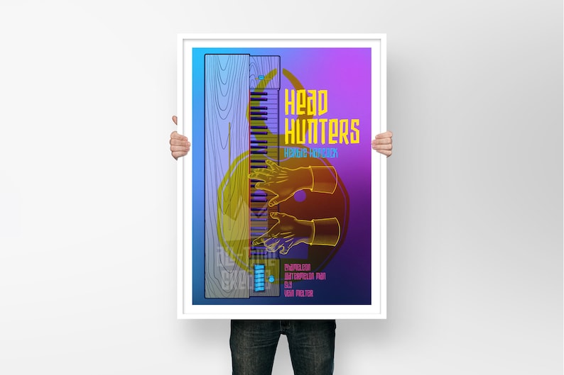 May include: A poster with a blue, purple, and yellow gradient background. The poster features a stylized illustration of a keyboard with hands playing it. The text "Head Hunters" is in yellow and the text "Roger Hancock" is in white. The poster also includes the names of the band members: "Charleston, Butterfield, Paul, Sax, Josh Melter".