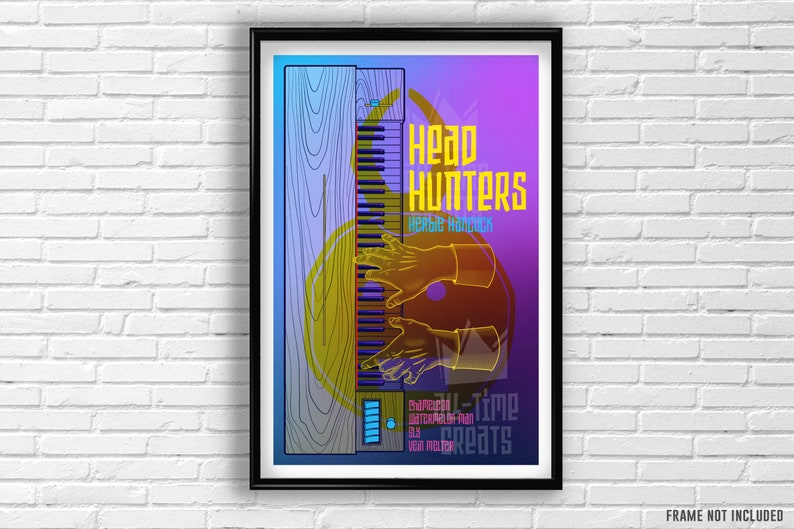 May include: A colorful poster with a yellow and orange illustration of a hand playing a keyboard. The text "Head Hunters" and "Herbie Hancock" is in a bold, yellow font. The text "All-Time Greats" is in a white font.