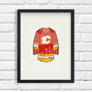 Calgary Flames Vintage Jersey Art Print, Small Vintage Sports Illustration, Perfect Small Gift for Hockey Fan
