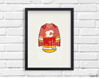 Calgary Flames Vintage Jersey Art Print, Small Vintage Sports Illustration, Perfect Small Gift for Hockey Fan