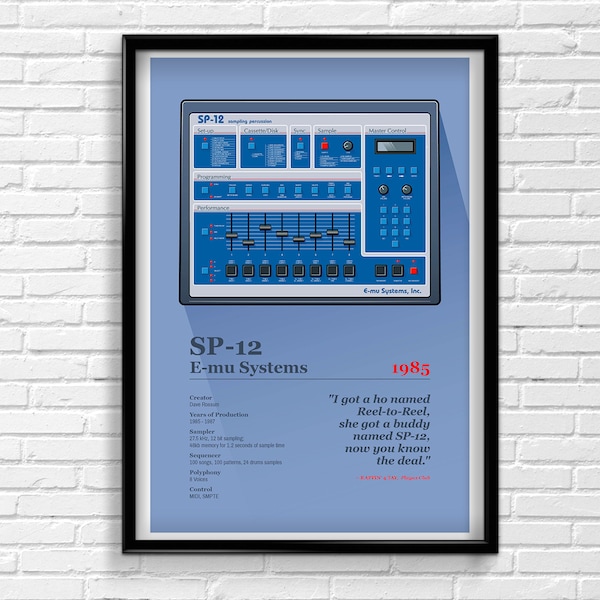 E-Mu Systems Sp-12 analog drum machine sampler old school hip hop golden age tribute poster vintage classic music gear producer collector