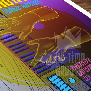 May include: A vintage-style poster with a purple and blue background featuring a yellow outline of a person's hands playing a keyboard. The text "Chameleon Watermelon Man Sly & The Family Stone" is printed in pink and white.
